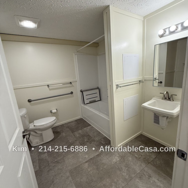 Bathroom with sink, toilet, and tub. Text says "Kim, 214-215-6886, AffordableCasa.com".