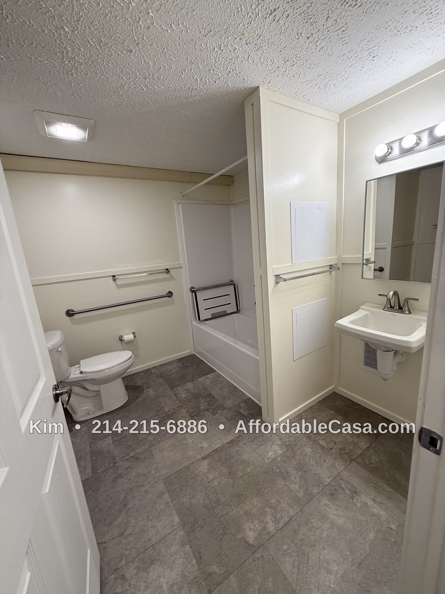 Bathroom with sink, toilet, and tub. Text says "Kim, 214-215-6886, AffordableCasa.com".