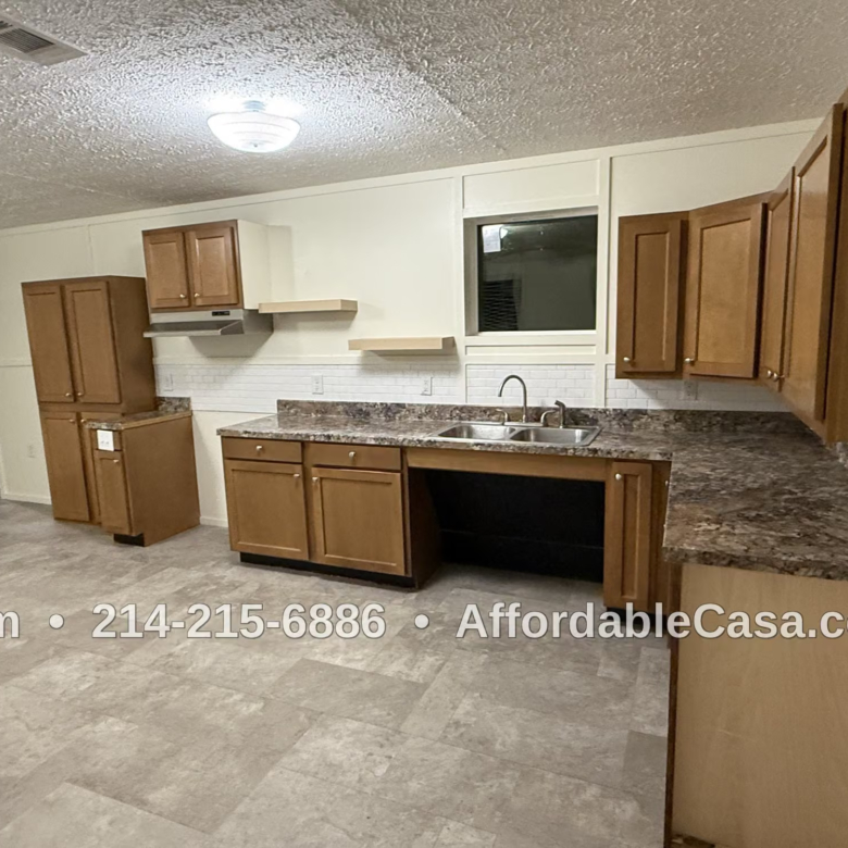 Kitchen with oven and cabinets. Text says "Kim, 214-215-6886, AffordableCasa.com".