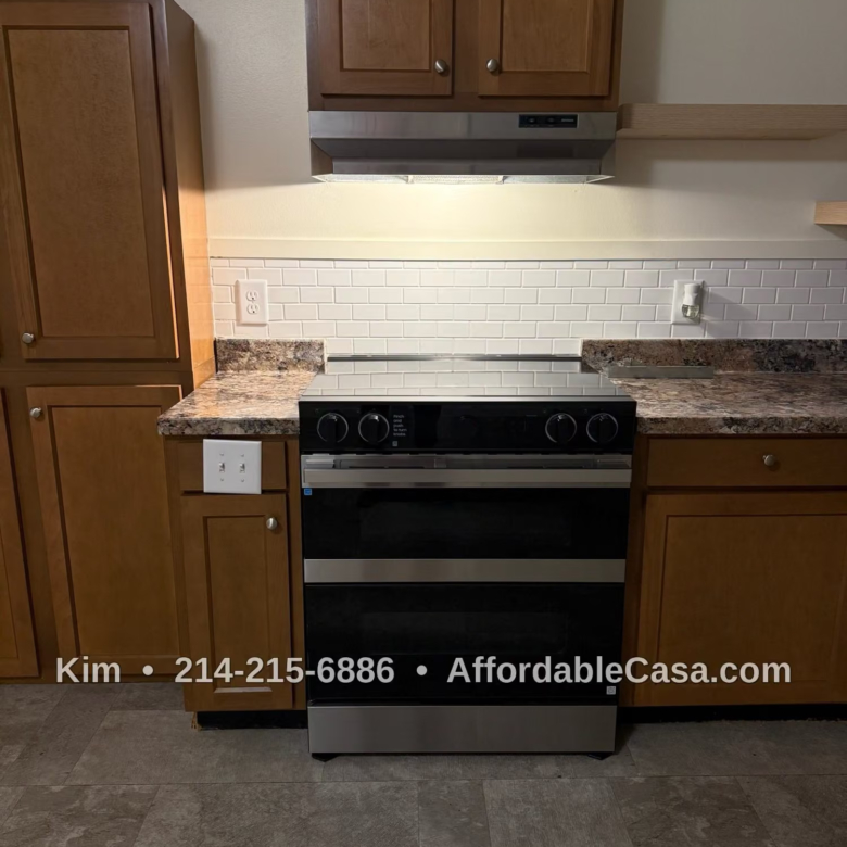 Kitchen with oven. Text says "Kim, 214-215-6886, AffordableCasa.com".
