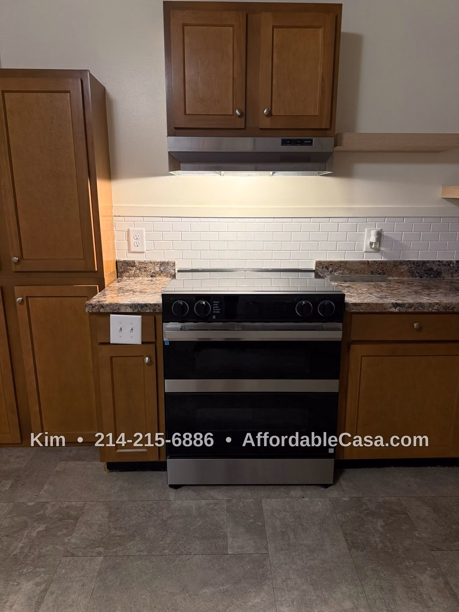 Kitchen with oven. Text says "Kim, 214-215-6886, AffordableCasa.com".