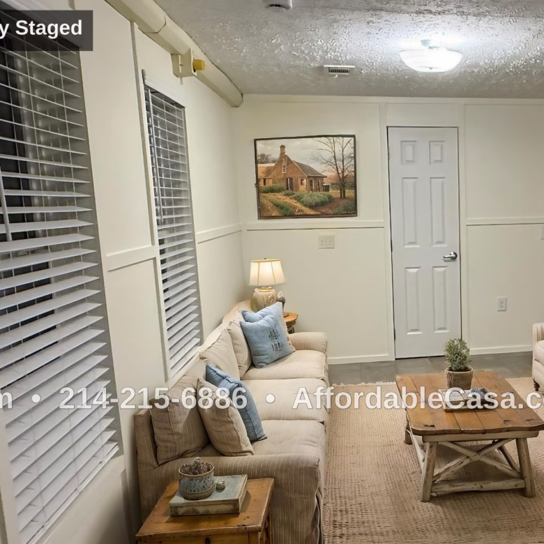 Living room with couches and table. Text says "Kim, 214-215-6886, AffordableCasa.com".