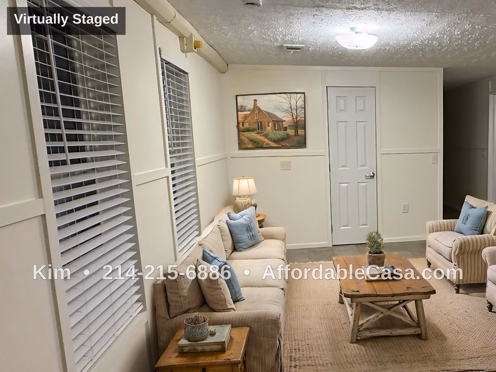 Living room with couches and table. Text says "Kim, 214-215-6886, AffordableCasa.com".